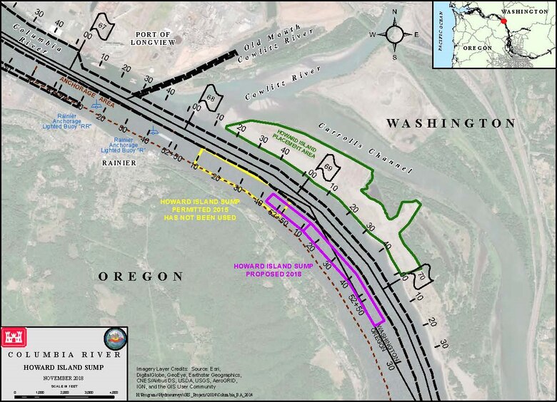 Original Howard Island re-handling site location with proposed revised location.