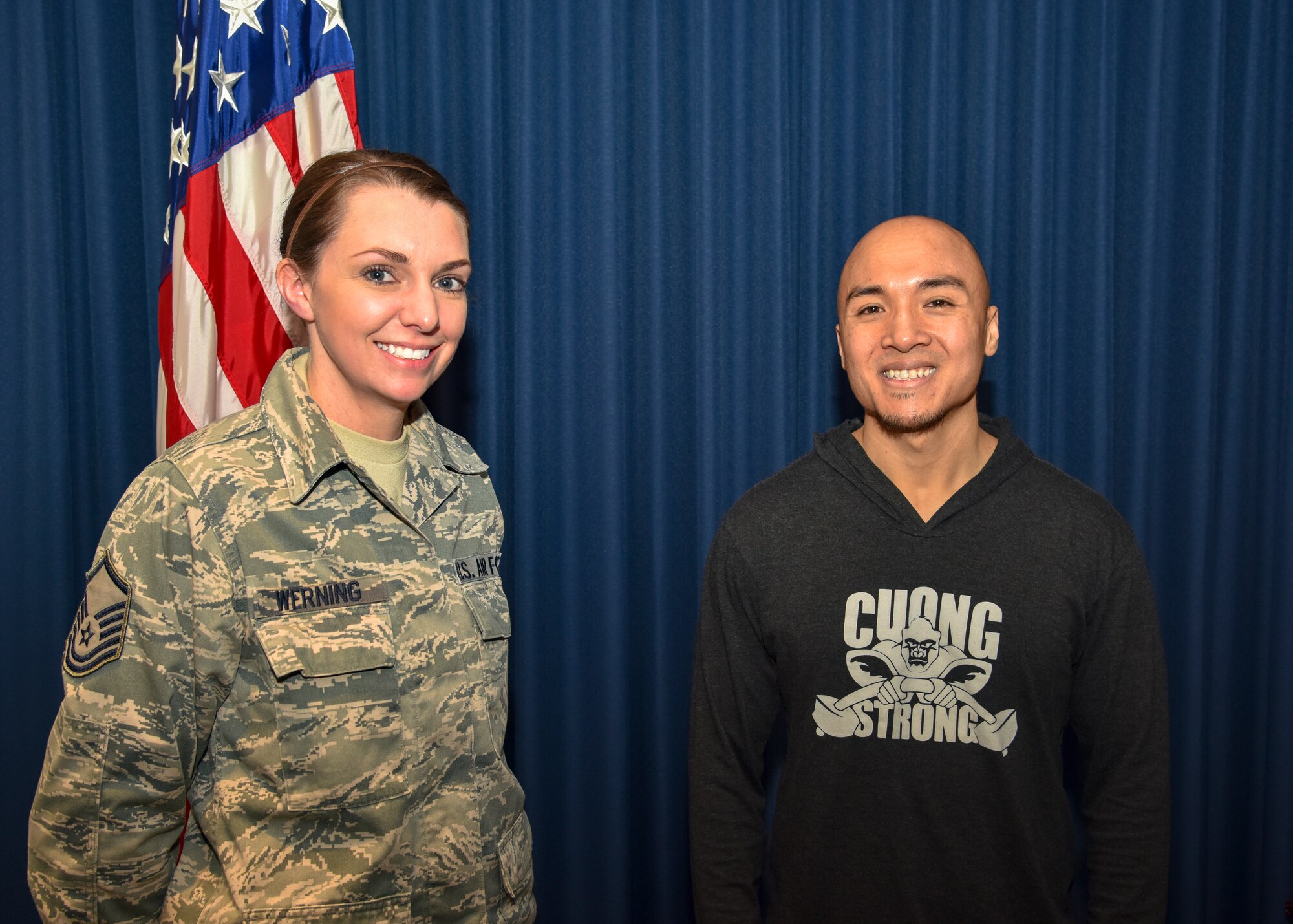 Master Sergeant Jayme Werning, 114th bio-environmental engineer non-commissioned officer in charge and member of the 114th FW Top 3 organization, invited Cuong Nguyen, owner of Cuong Strong Personal Training and Fitness, to speak with members of the wing about the annual physical training test and overall health and fitness.