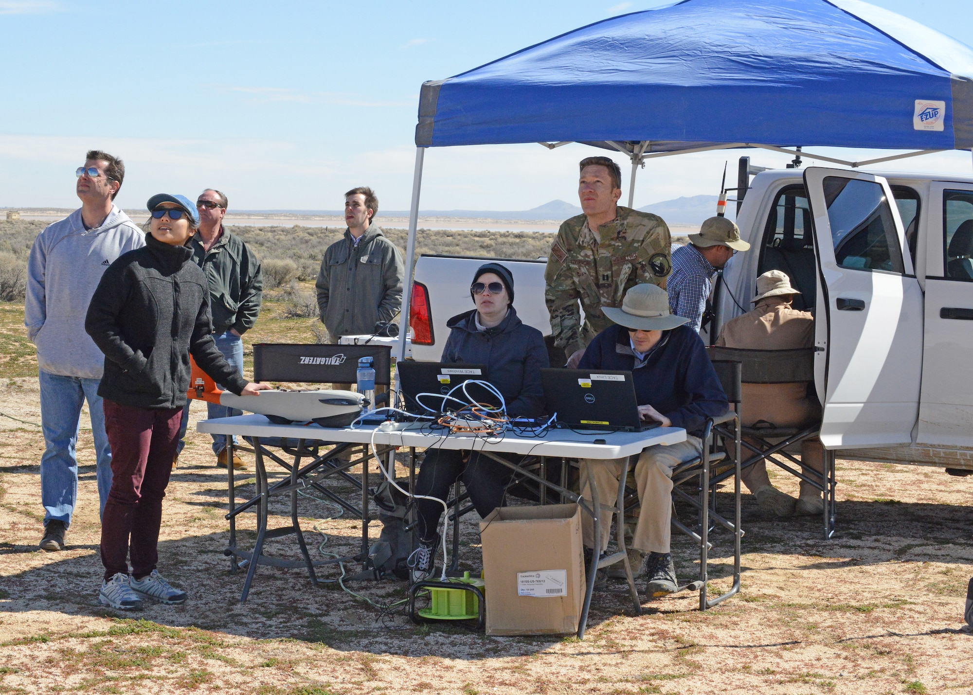 The 412th Test Wing’s Emerging Technologies Combined Test Force Autonomy test team monitors a small unmanned aircraft system Feb. 27 during the ET CTF’s first autonomy flight test. (U.S. Air Force photo by Kenji Thuloweit)