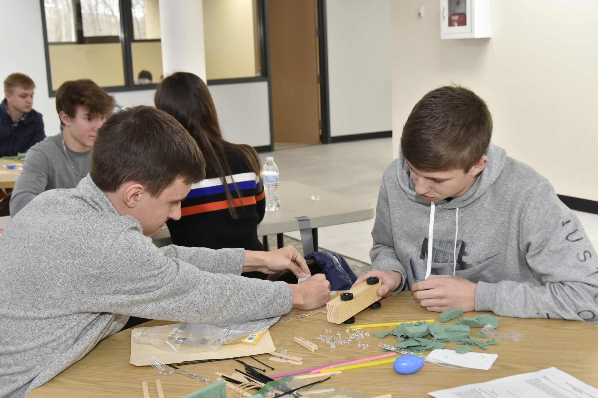 Chanz Colbert and Garrett Jernigan from Huntland High School work on their design for the Student Design Competition, held Feb. 19 at the University of Tennessee Space Institute. Colbert and Jernigan placed second in the competition. Nearly 50 students from seven area high schools participated in the event. (U.S. Air Force photo by Bradley Hicks)