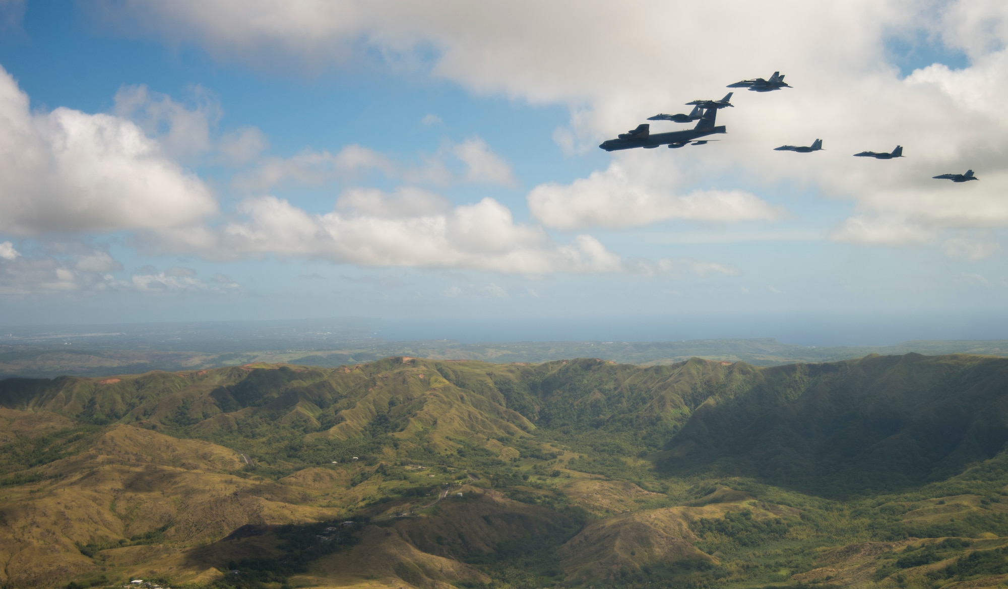 Aircraft from the United States, Australia and Japan participating in COPE North 2019, engage in an airpower demonstration formation over Guam, March 6, 2019.