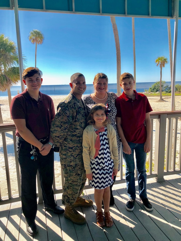 Holly Vega, the 2019 Armed Forces Insurance Marine Corps Spouse of the Year, with her husband, Marine Corps Lt. Col. Javier Vega and their three children at MacDill Air Force Base, Florida.
