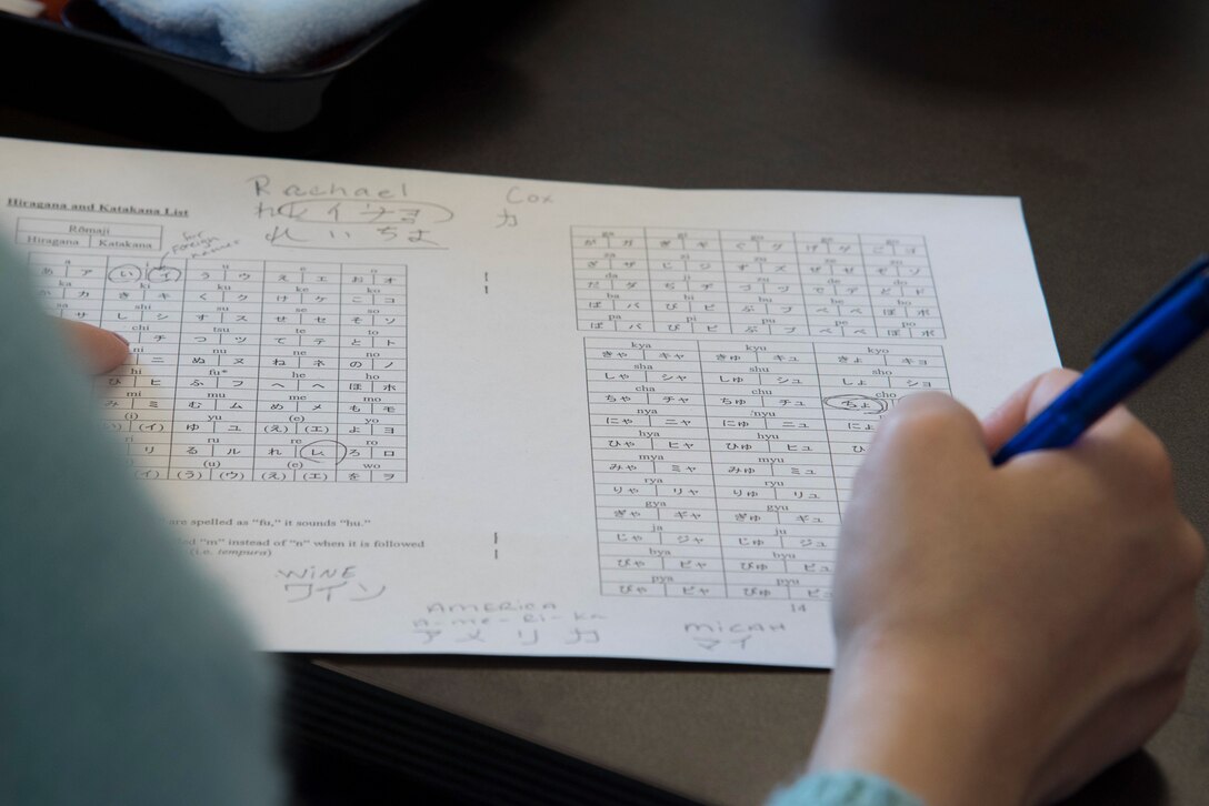 A participant practices writing her name in Japanese during Japanese customs and courtesies class at Yokota Air Base, Japan, Feb. 25, 2019.