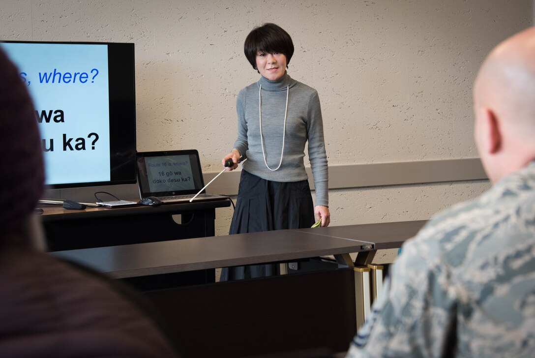 Mika Onodera, Survival Japanese Course instructor, reviews previous lesson during survival Japanese course at Yokota Air Base, Japan, Feb. 26, 2019.