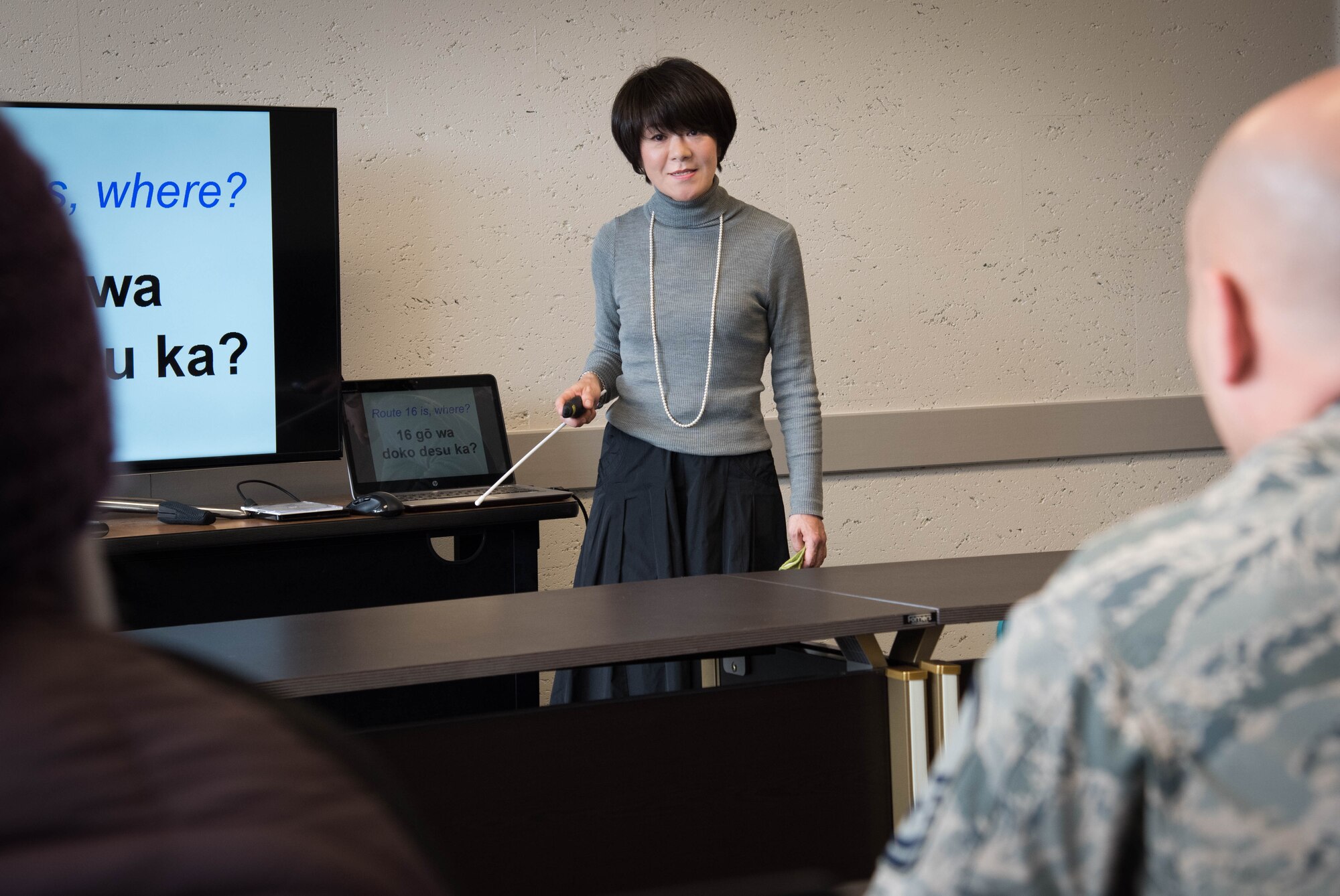 Mika Onodera, Survival Japanese Course instructor, reviews previous lesson during survival Japanese course at Yokota Air Base, Japan, Feb. 26, 2019.