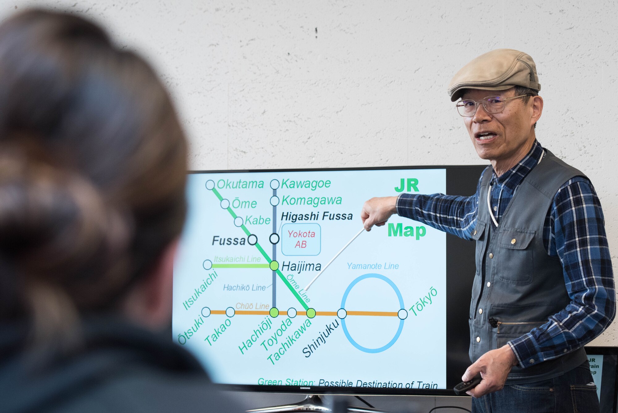 Kenny Fukuoka, Survival Japanese Course instructor, teaches expressions and phrases that can be used at train station during survival Japanese course at Yokota Air Base, Japan, Feb. 26, 2019