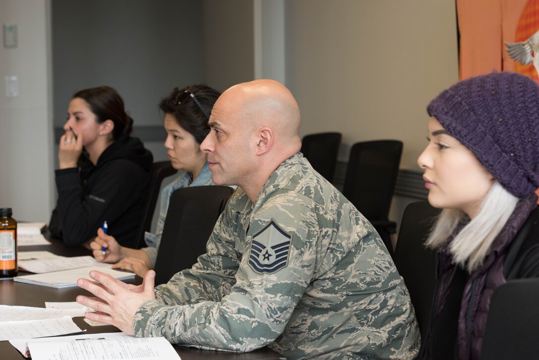 Attendees listen to instructor during survival Japanese course at Yokota Air Base, Japan, Feb. 26, 2019
