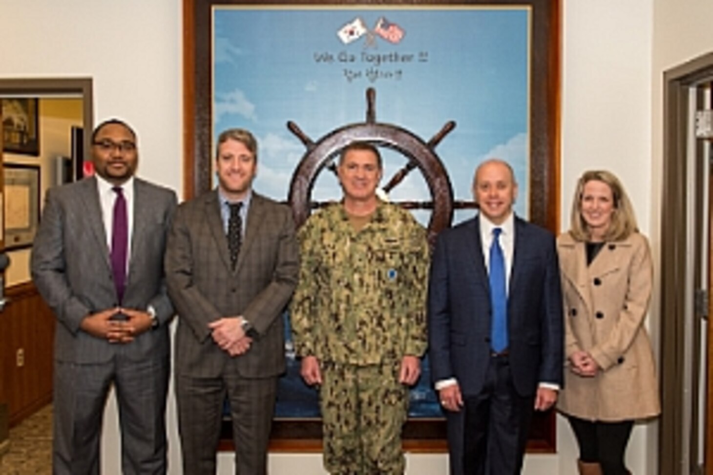 BUSAN, Republic of Korea (March 6, 2019) Rear Adm. Michael E. Boyle, commander, U.S. Naval Forces Korea (CNFK), meets with members of the Congressional Study Group on Korea (CSGK), from left: Tim Butler, Matthew Ceccato, Jason Ross and Alice Johnson. This was CSGK's first visit to CNFK, and it provided an opportunity for Boyle to explain the CNFK role in maintaining and strengthening the Republic of Korea-U.S. alliance.