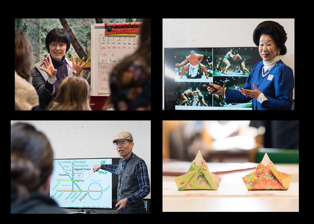 Michiko Wada, Japanese story time instructor, teaches children onomatopoeia animal sounds in Japanese while singing during Japanese story time at Yokota Air Base, Japan, Feb. 25, 2019.