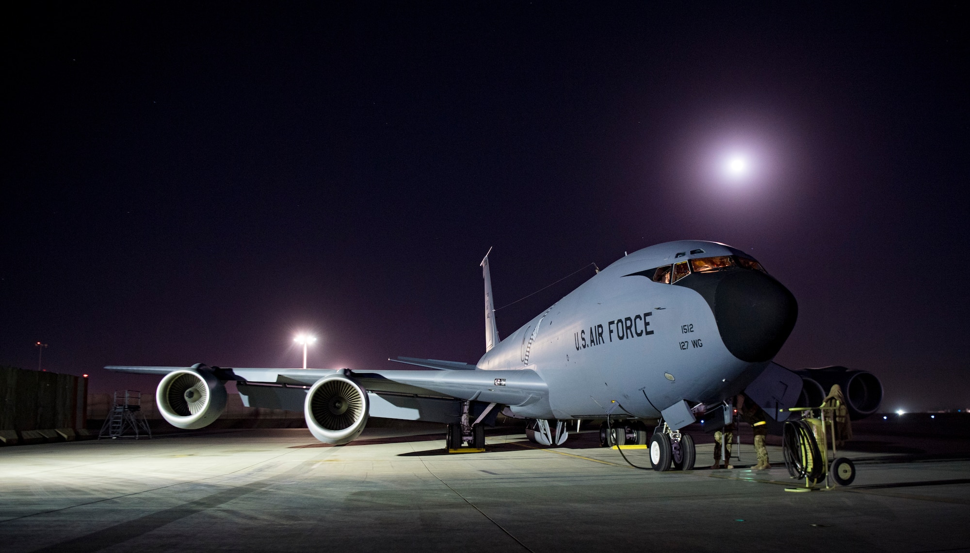 A U.S. Air Force KC-135 Stratotanker assigned to the 340th Expeditionary Air Refueling Squadron sits on the ramp Jan. 22, 2019, at Kandahar Air Field, Afghanistan. The 340th EARS maintains a 24/7 presence in the Operation Freedom’s Sentinel area of responsibility, supporting U.S. and coalition aircraft in various operations in countries such as Iraq, Syria and Afghanistan. (U.S. Air Force photo/Staff Sgt. Clayton Cupit)