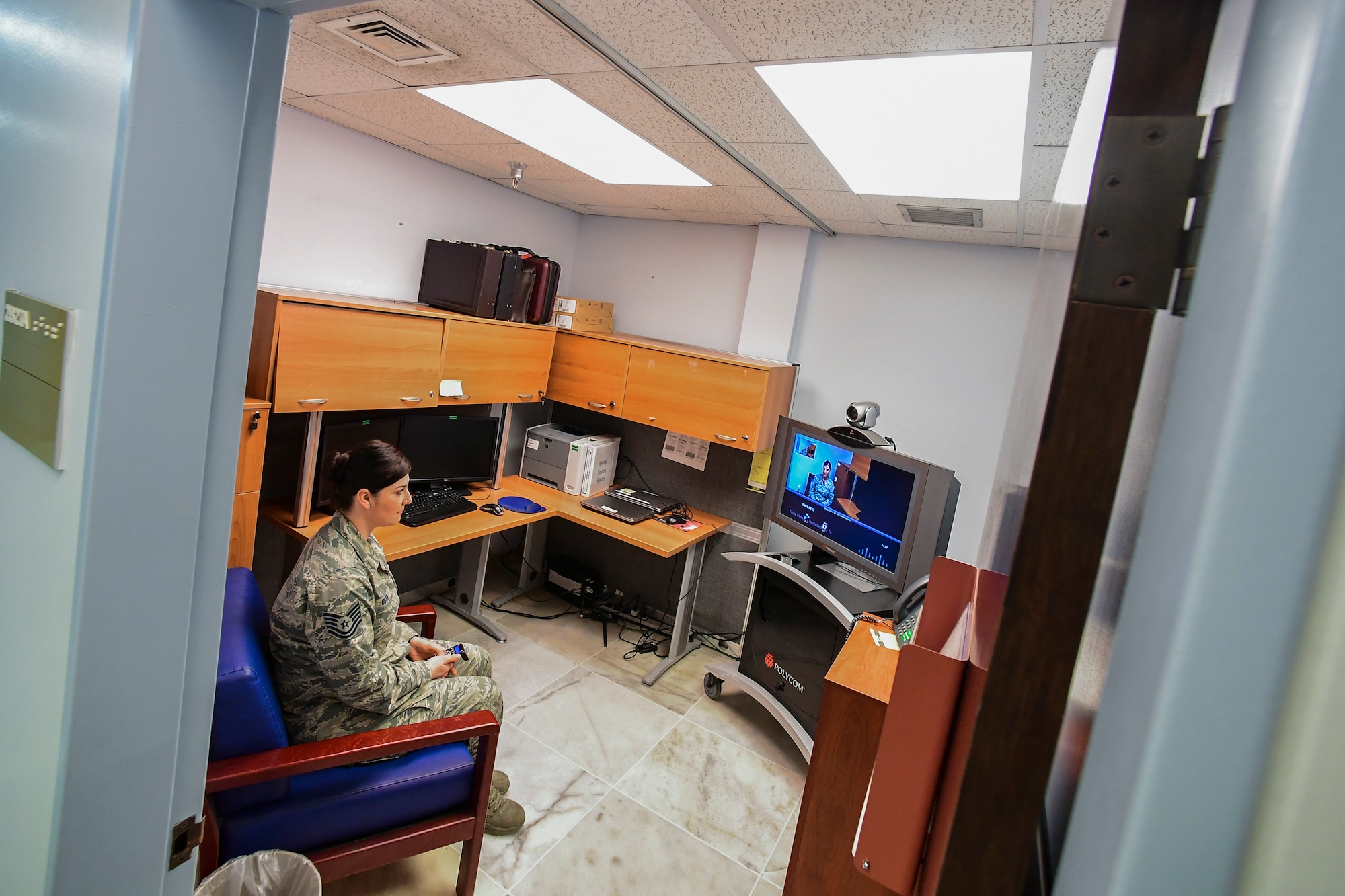 Tech Sgt. Heather Osten, 39th Medical Operations Squadron NCO in charge of mental health, utilizes a video teleconference machine Feb. 21, 2019, at Incirlik Air Base, Turkey.