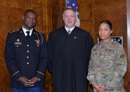 New York Army National Guard Spc. Ibrahim Bakayoko and Pfc. Tiffany Joseph, with federal Magistrate Judge  Daniel Stewart, at the   U.S. District Court in Albany, N.Y.,  on Feb. 15, 2019, after taking the oath as American citizens. Bakayoko is originally from  Ivory Coast and Joseph is from  Grenada. Of the 10,000 Soldiers in the New York Army National Guard, 960 are naturalized American citizens and 515 are legal resident or Green Card holders.