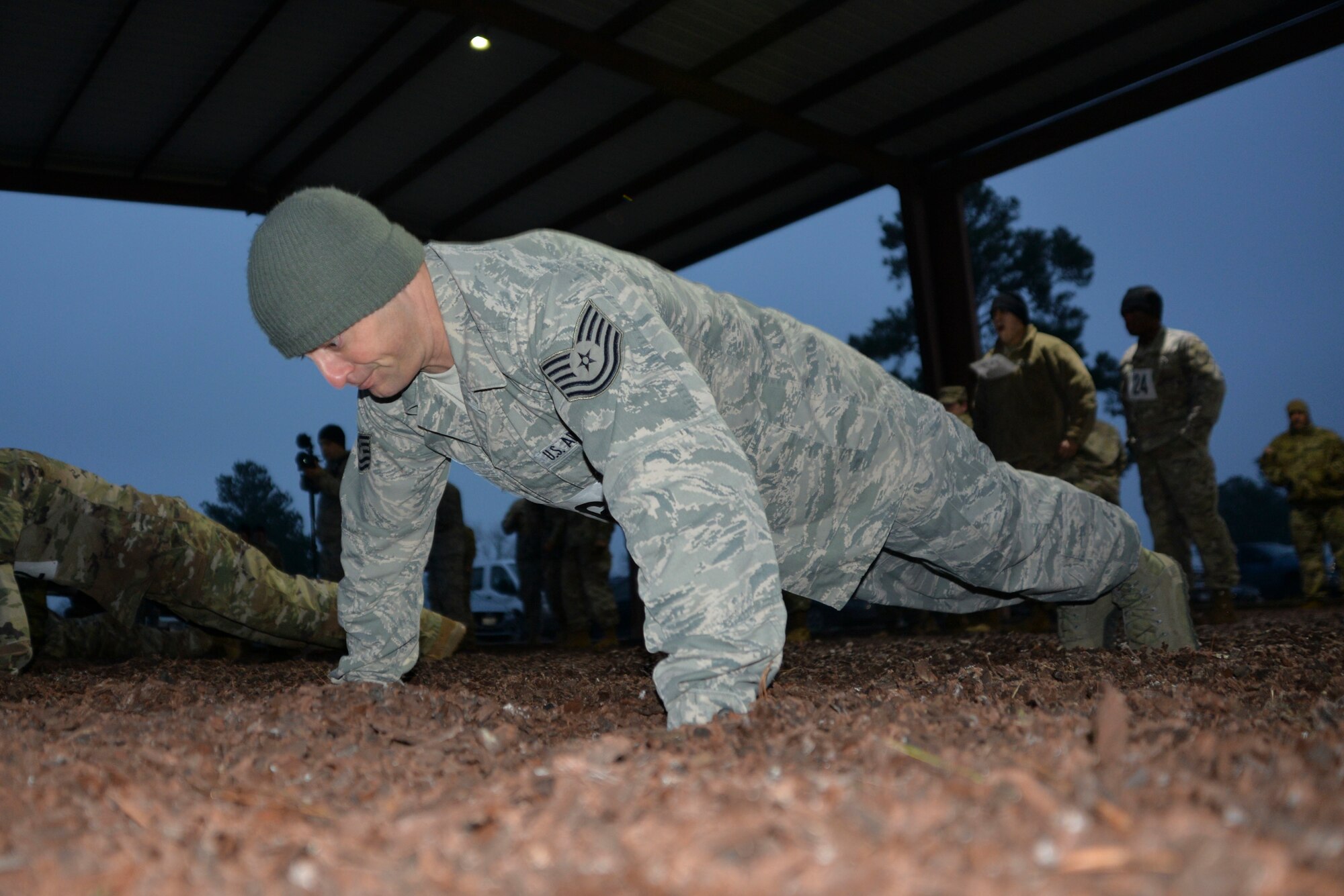 Tech. Sgt. Joshua Porter, 136th Logistics Readiness Squadron vehicle maintainer, performs as many pushups as possible in two minutes during the physical fitness test at the 2019 Best Warrior Competition.