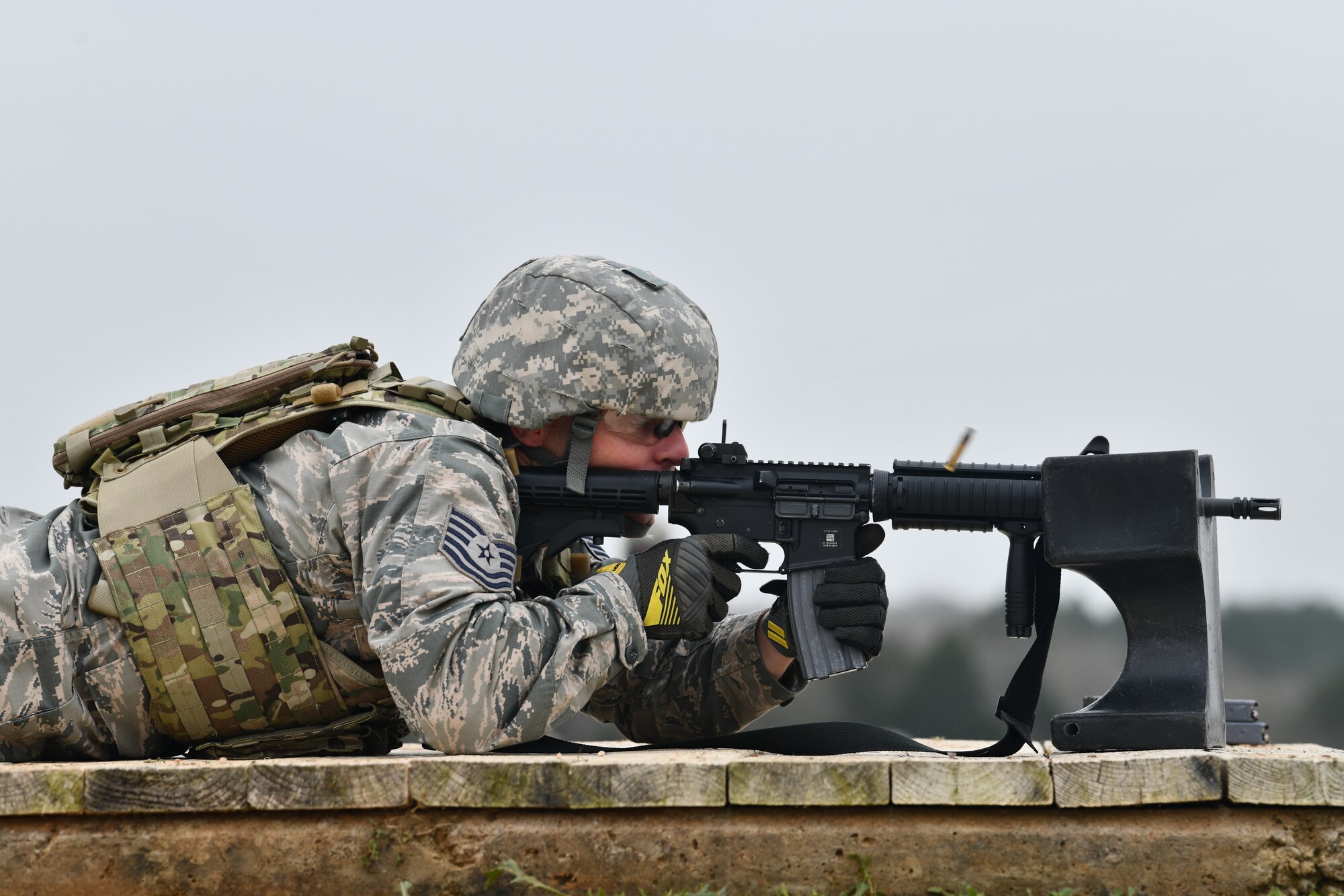 Tech. Sgt. Joshua Porter, 136th Logistics Readiness Squadron vehicle maintainer, exhibits his proficiency with the M4 carbine rifle.