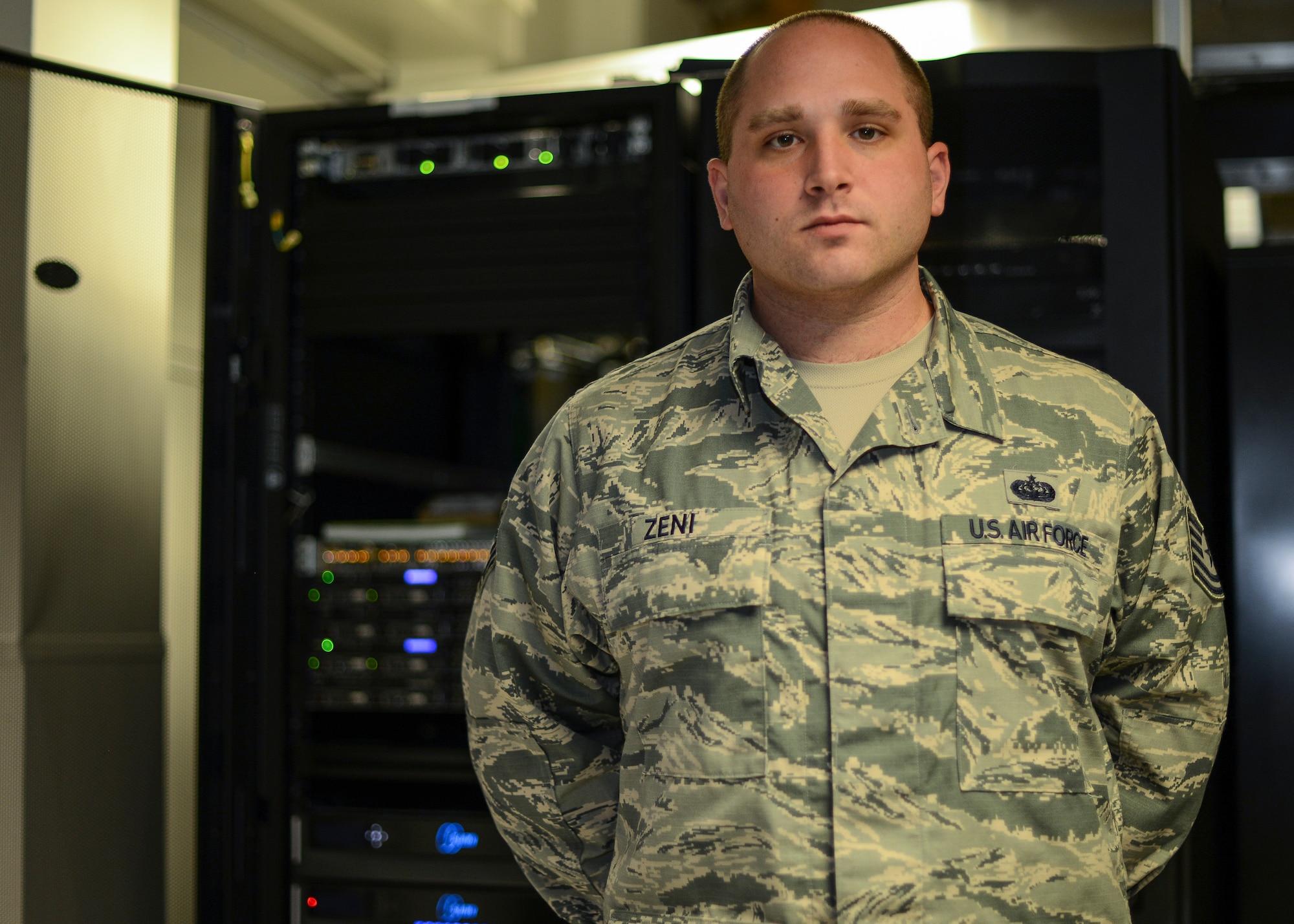 U.S. Air Force Tech. Sgt. Sean Zeni, a 792nd Intelligence Support Squadron cyber transport systems technician, is one of two Airmen within Air Combat Command who successfully converted to a new cyber Air Force Specialty Code through a Headquarters Air Force initiative to create more fundamentals training across cyber career fields. (U.S. Air Force photo by Staff Sgt. Eboni Prince)