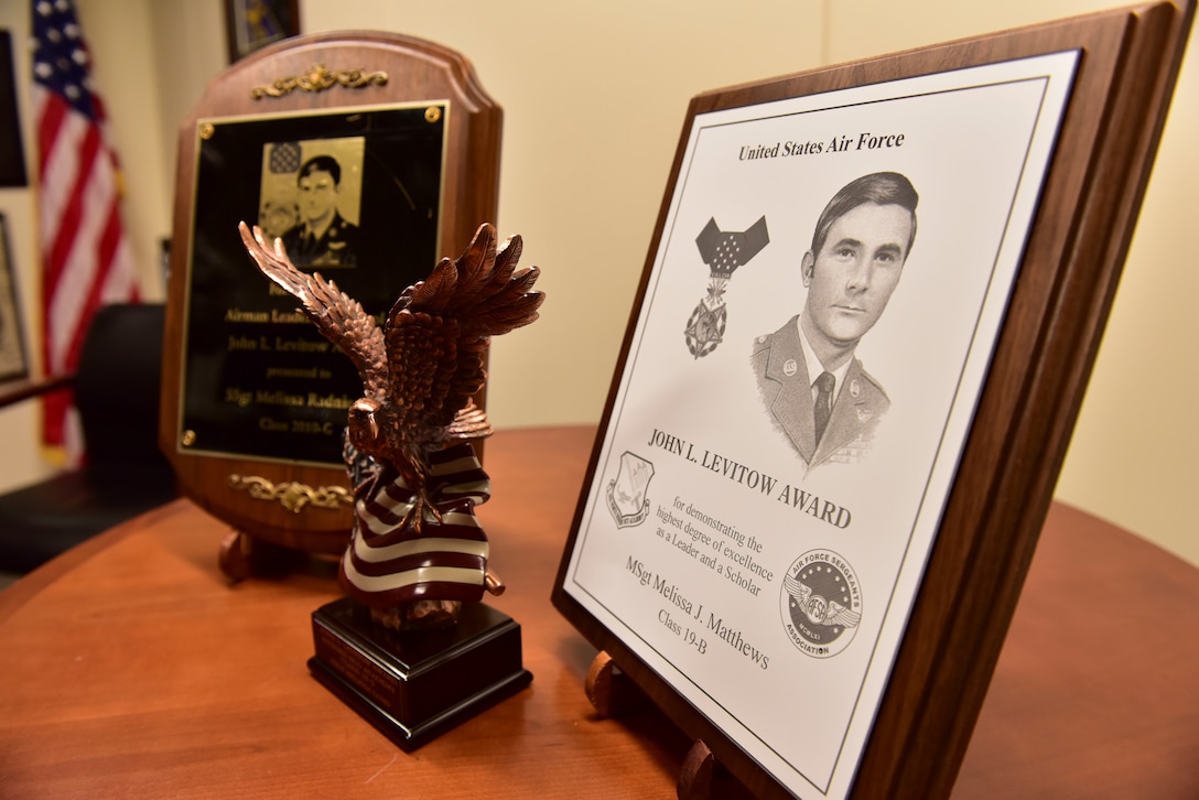 The John L. Levitow Award is the highest award for Enlisted Professional Military Education in the Air Force and is presented to the student who demonstrates the most outstanding leadership and scholastic achievement during Airman Leadership School, Non-Commissioned Officer Academy and Senior Non-Commissioned Officer Academy. U.S. Air Force Senior Master Sgt. Melissa Matthews, 324th Intelligence Squadron operations superintendent, has earned the John L. Levitow Award in all three EPME courses. (U.S. Air Force photo by Staff Sgt. Eboni Prince)