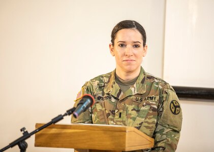 1st Lt. Caitlin Maguire, Tennessee National Guard, speaks at the International Forum Regarding Gender Politics in the Defense Sector in Lviv, Ukraine, March, 5, 2019.