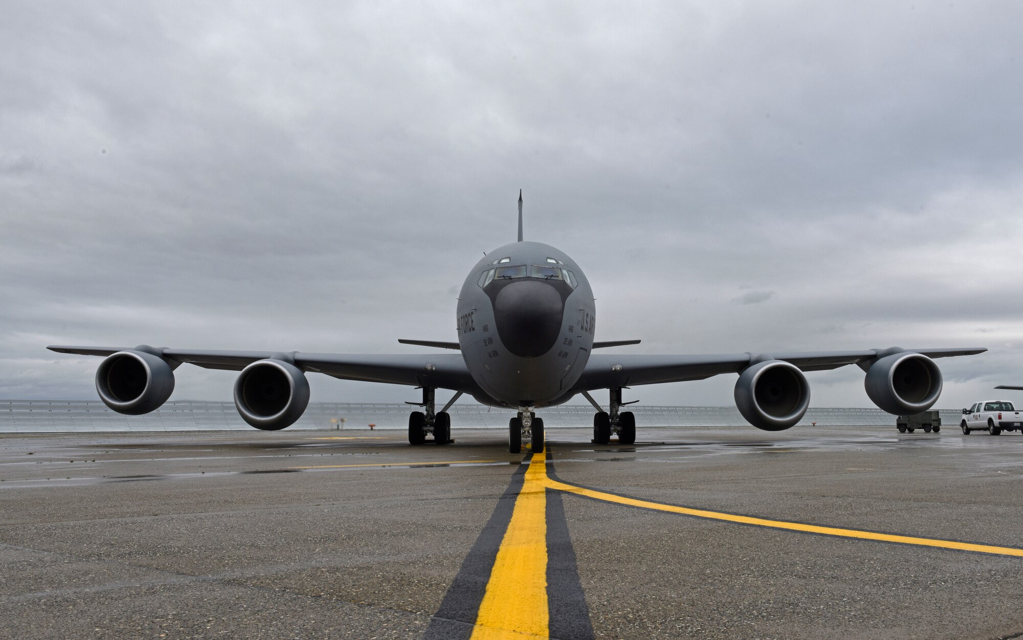 A KC-135 Stratotanker from Fairchild Air Force Base, Washington, sits on the flightline during an Installation Mission Assurance Exercise at Beale Air Force Base, California, Feb. 27, 2019. IMAX is a readiness exercise used to validate and improve upon Fairchild Airmen’s ability to provide Rapid Global Mobility. More than 100 Airmen participated in planning and executing the exercise to enhance their mission readiness. (U.S. Air Force photo by Senior Airman Jesenia Landaverde)