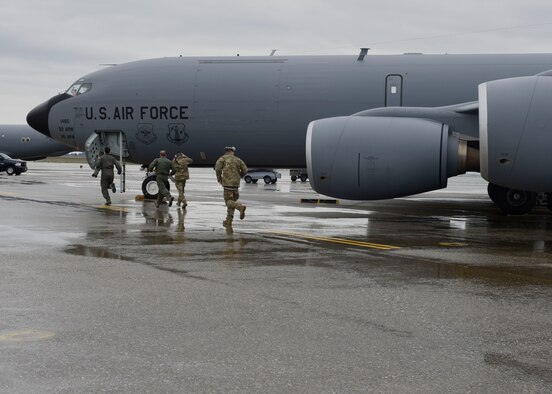 Aircrew from the 92nd Air Refueling Wing respond during an Installation Mission Assurance Exercise at Beale Air Force Base, California, Feb. 27, 2019. IMAX is a readiness exercise used to validate and improve upon Fairchild Airmen’s ability to provide Rapid Global Mobility. (U.S. Air Force photo by Senior Airman Jesenia Landaverde)