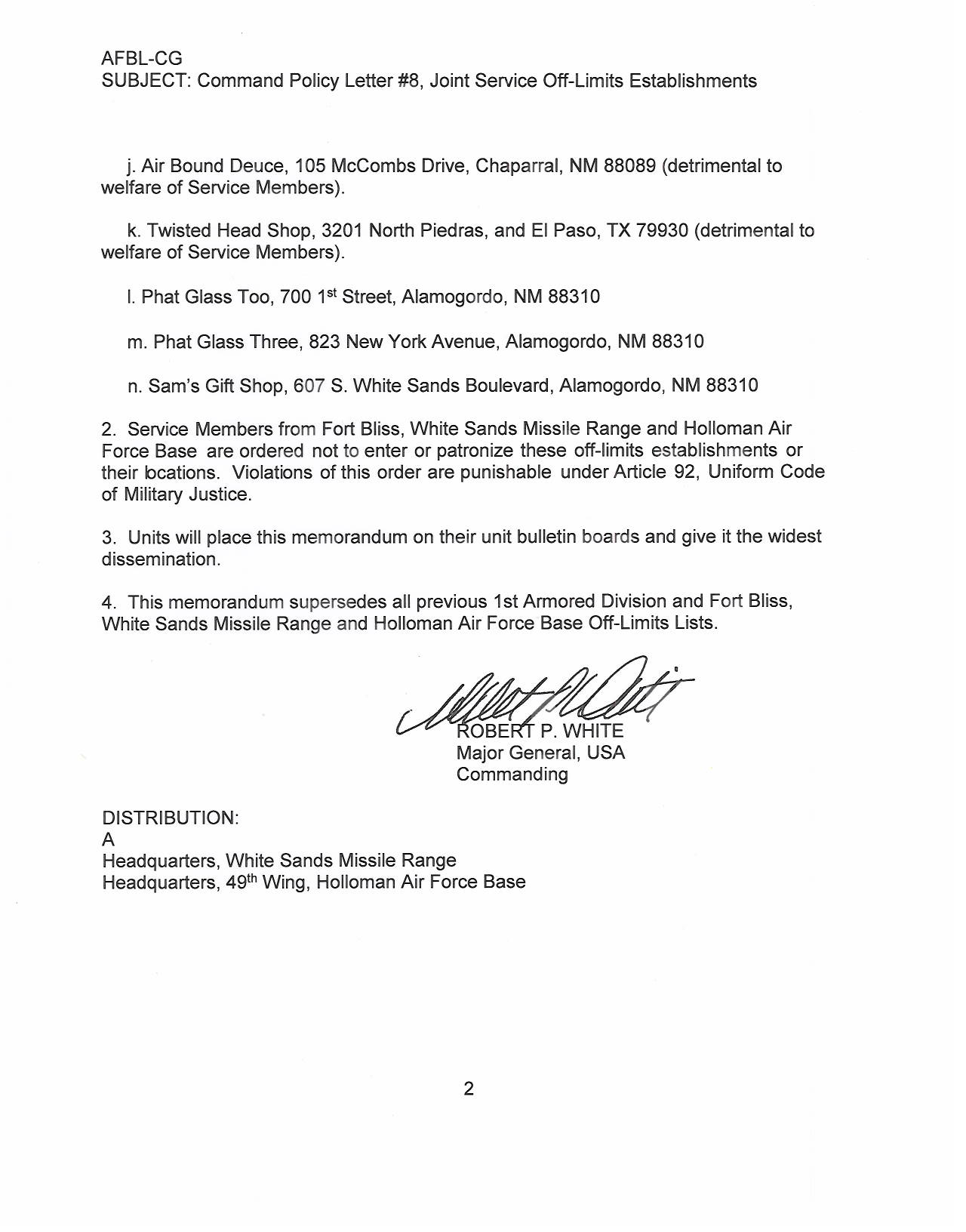 Offlimit areas for Holloman personnel > Holloman Air Force Base > Display