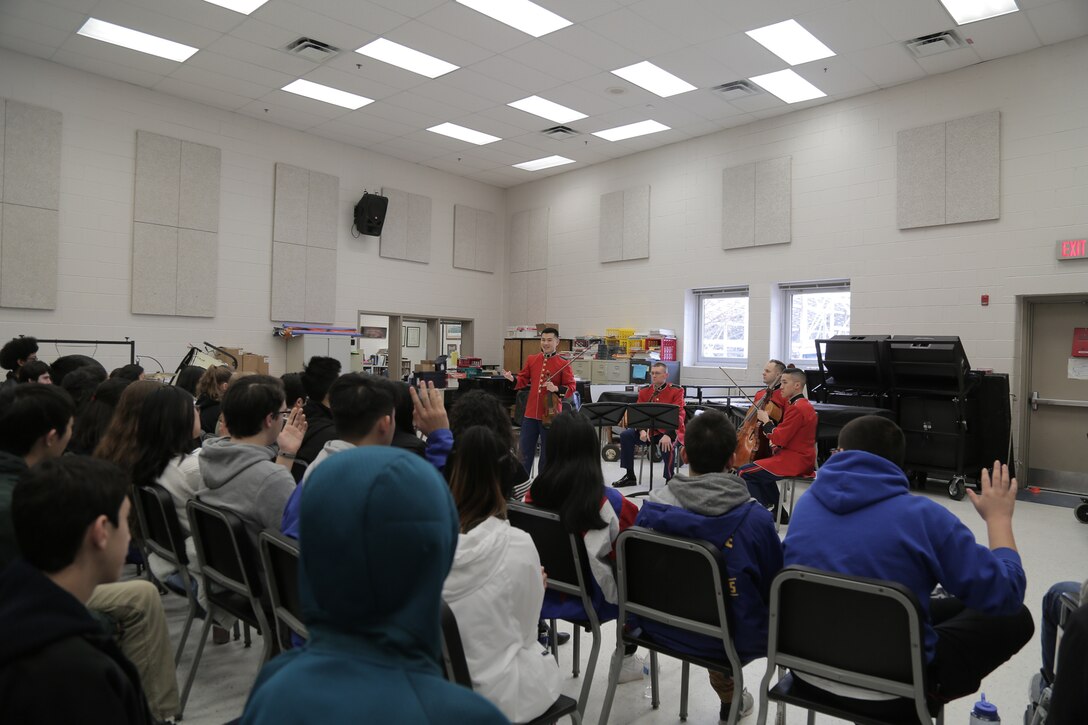 On March 7, 2019, a string quartet from "The President's Own" presented a Music in the High Schools program at Robert E. Lee High School in Springfield, Va. (U.S. Marine Corps photo by Master Sgt. Kristin duBois/released)