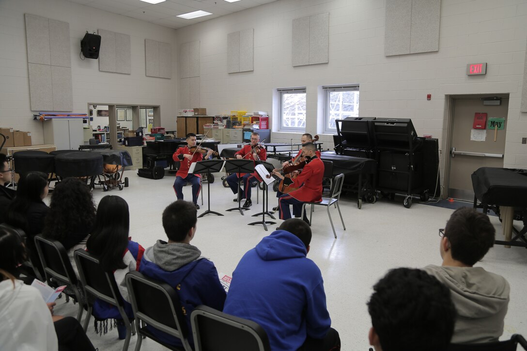 On March 7, 2019, a string quartet from "The President's Own" presented a Music in the High Schools program at Robert E. Lee High School in Springfield, Va. (U.S. Marine Corps photo by Master Sgt. Kristin duBois/released)