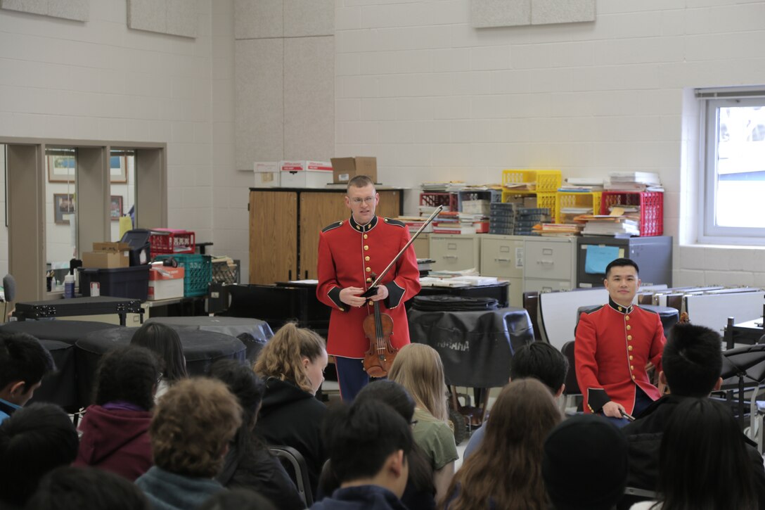 On March 7, 2019, a string quartet from "The President's Own" presented a Music in the High Schools program at Robert E. Lee High School in Springfield, Va. (U.S. Marine Corps photo by Master Sgt. Kristin duBois/released)