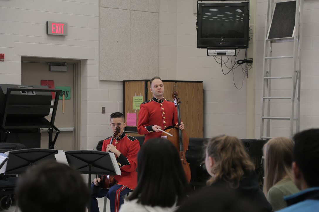 On March 7, 2019, a string quartet from "The President's Own" presented a Music in the High Schools program at Robert E. Lee High School in Springfield, Va. (U.S. Marine Corps photo by Master Sgt. Kristin duBois/released)