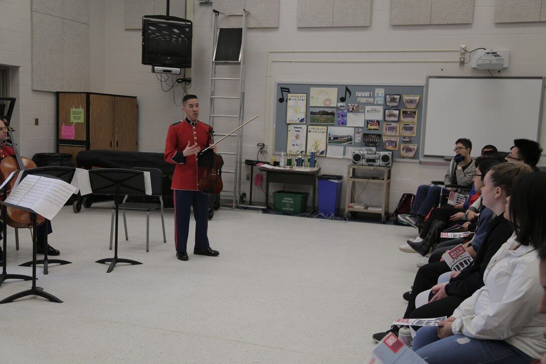 On March 7, 2019, a string quartet from "The President's Own" presented a Music in the High Schools program at Robert E. Lee High School in Springfield, Va. (U.S. Marine Corps photo by Master Sgt. Kristin duBois/released)