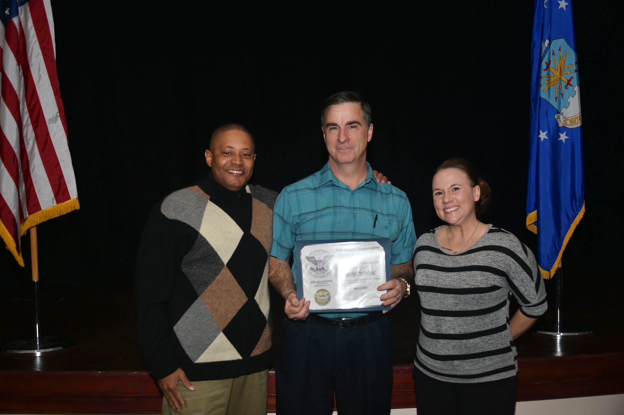 David Pelletier, a response force member assigned to the 97th Security Forces Squadron, was awarded the Gold-Level Presidential Volunteer Service Award, March 2, 2019, at Altus Air Force Base, Okla. (U.S. Air Force photo by Senior Airman Cody Dowell)