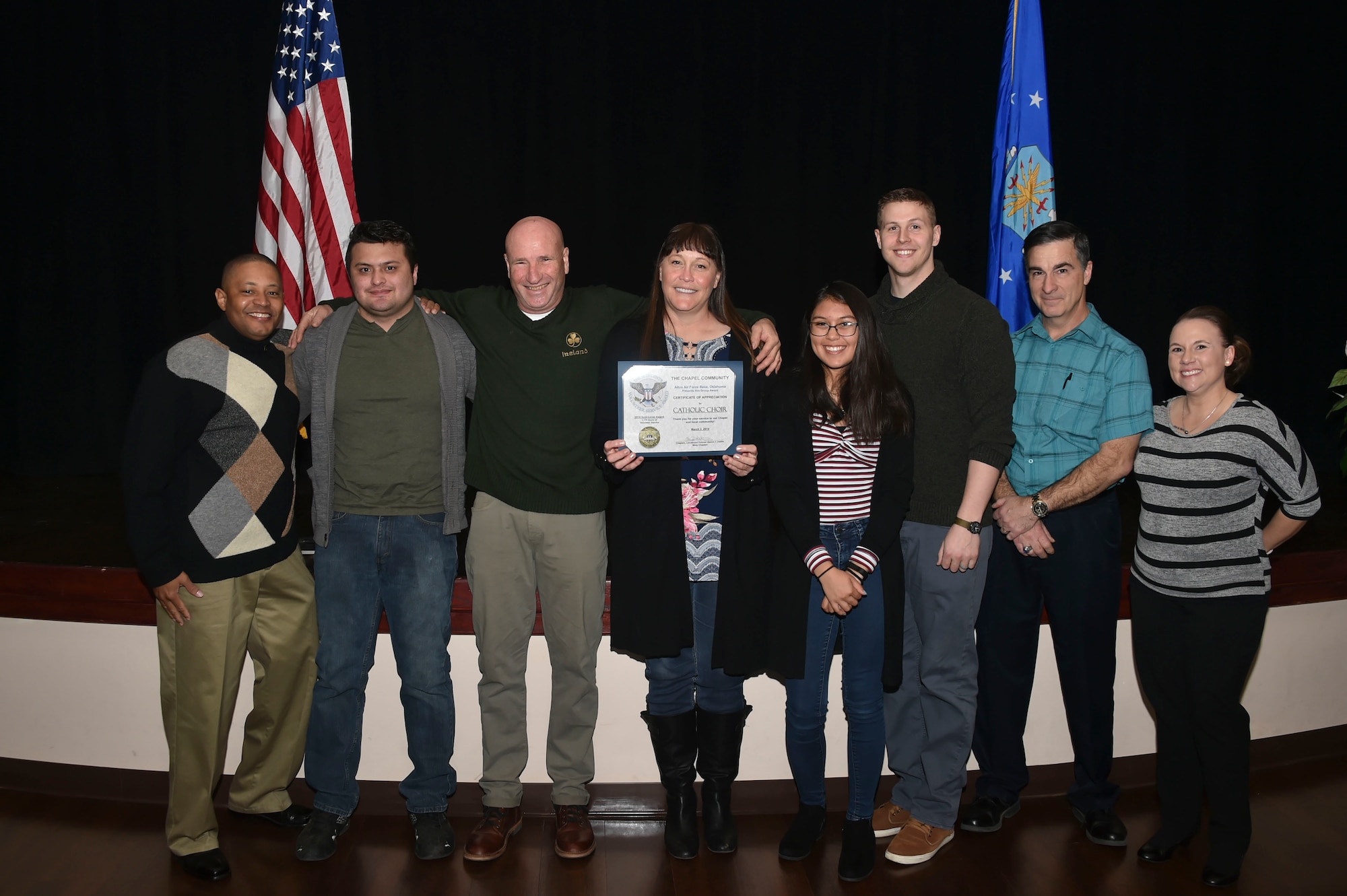 The Catholic Choir from the 97th Air Mobility Wing chapel was awarded the Gold-Level Presidential Volunteer Service Award, March 2, 2019, at Altus Air Force Base, Okla. (U.S. Air Force photo by Senior Airman Cody Dowell)