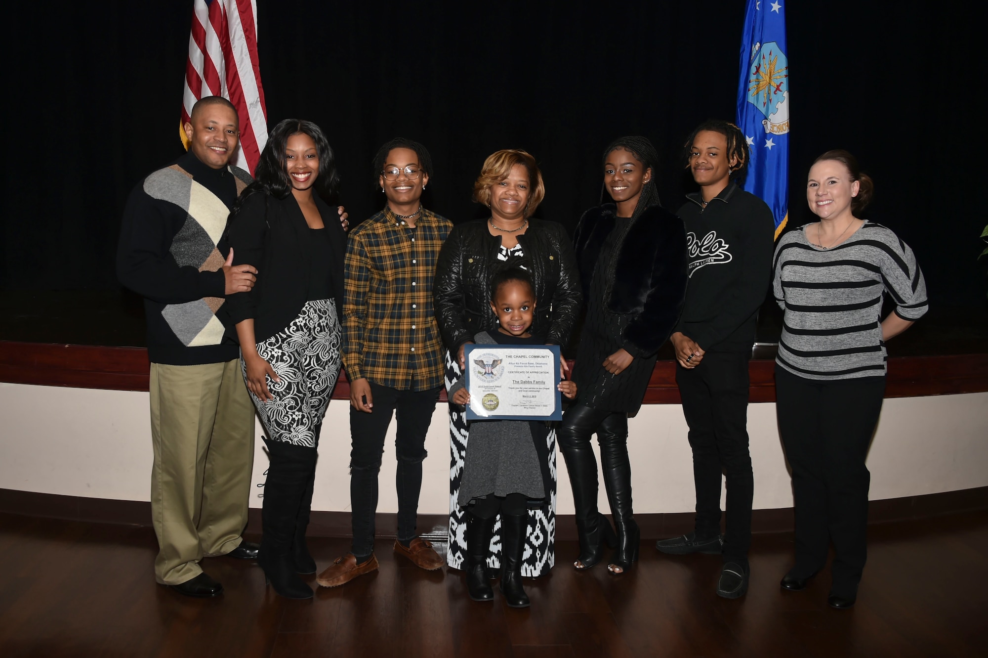 The Dabbs family was awarded the Gold-Level Presidential Volunteer Service Award, March 2, 2019, at Altus Air Force Base, Okla. (U.S. Air Force photo by Senior Airman Cody Dowell)