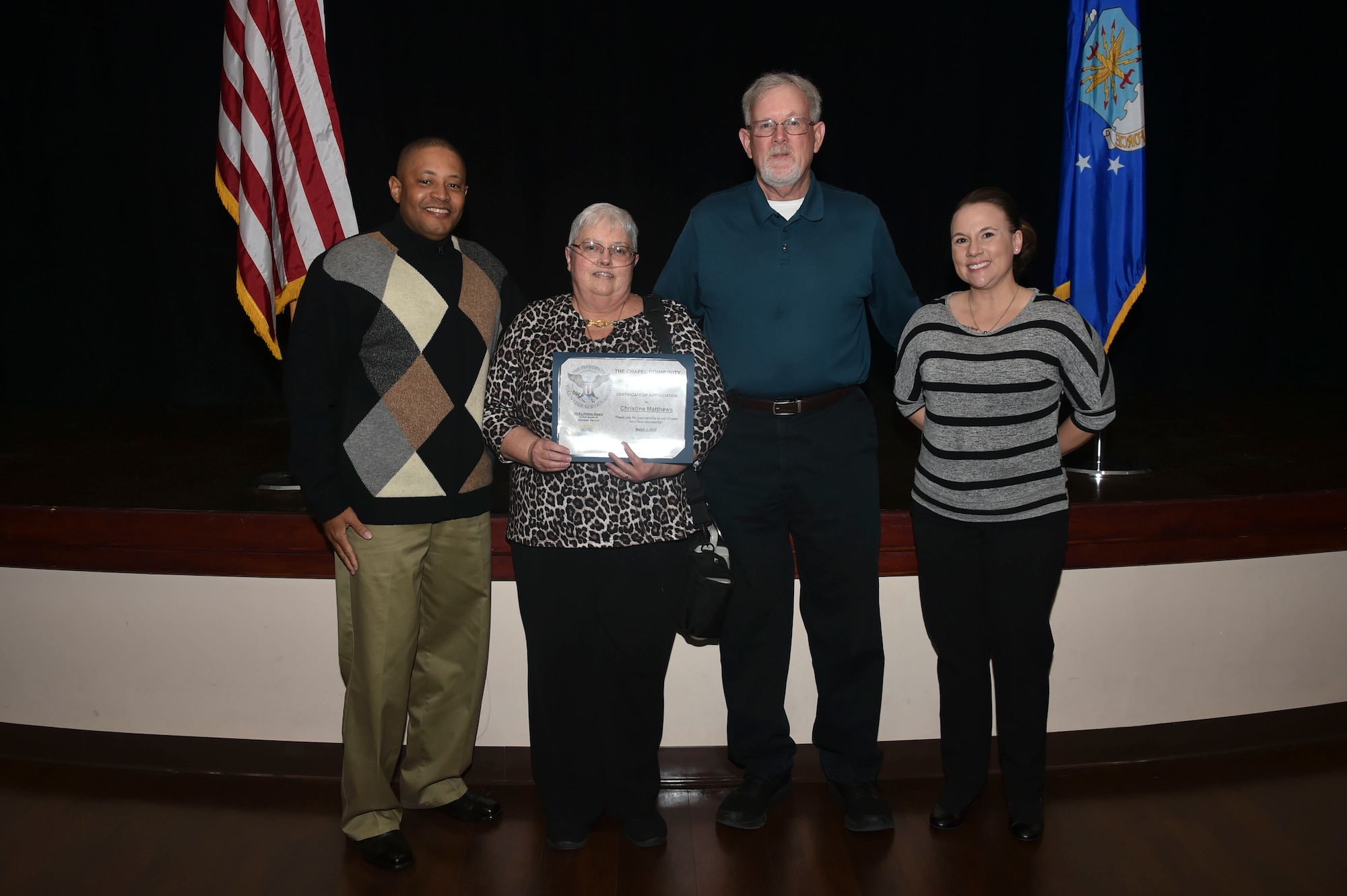Christine Matthews, director of the Altus Air Force Base Child Development Center, was awarded the President’s call to Service Award, March 2, 2019, at Altus AFB, Okla. (U.S. Air Force photo by Senior Airman Cody Dowell)