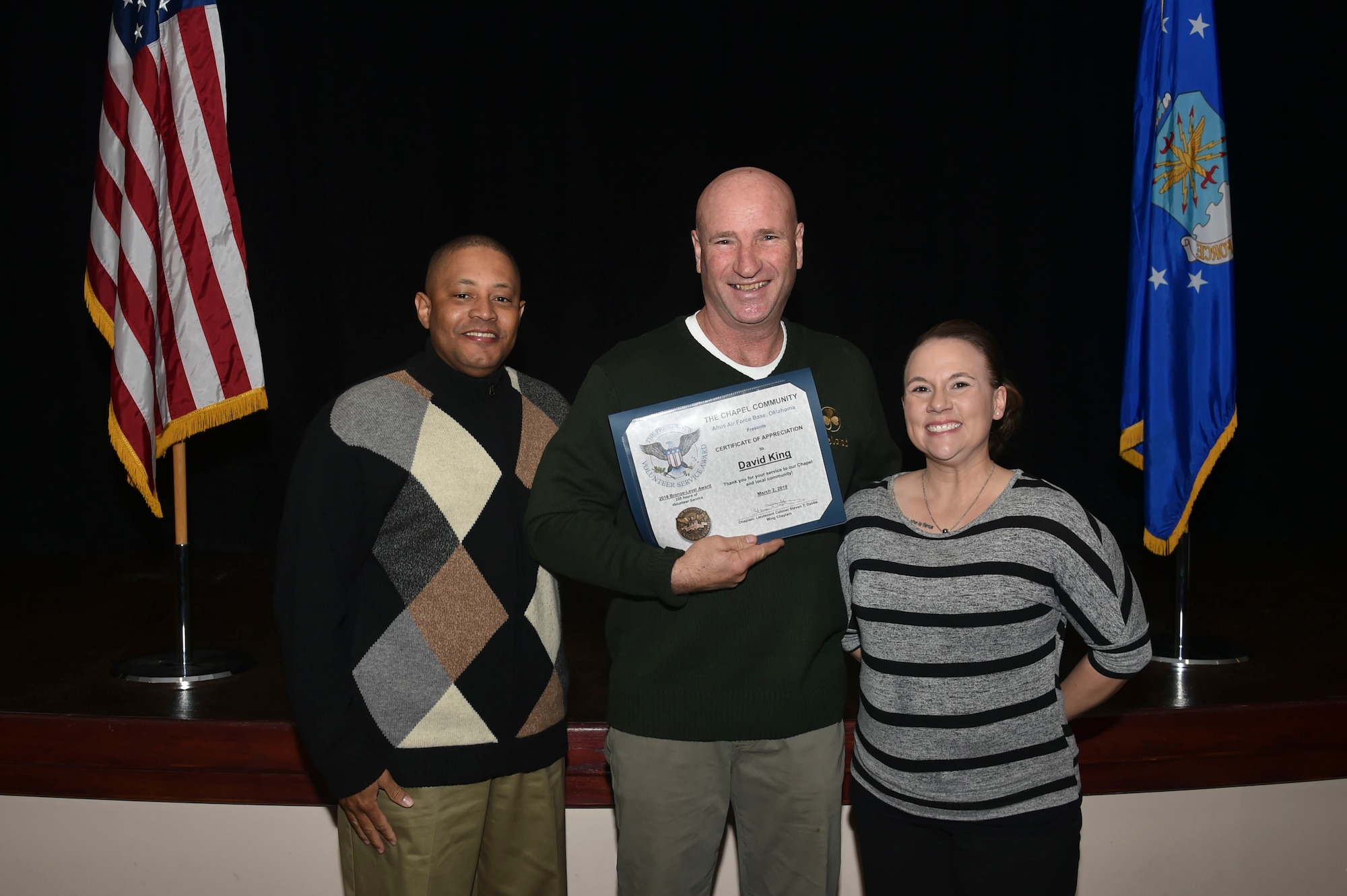 David King, a privatized plumber, was awarded the Bronze-Level Presidential Volunteer Service Award, March 2, 2019, at Altus Air Force Base, Okla. (U.S. Air Force photo by Senior Airman Cody Dowell)