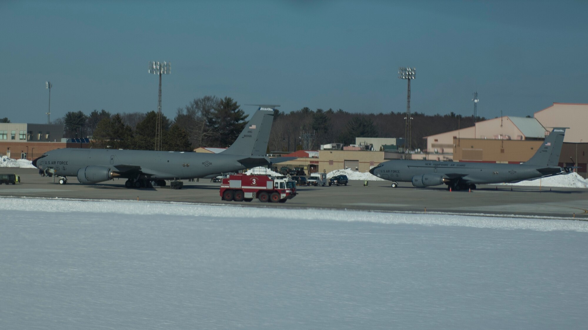 Two KC-135 Stratotankers assigned to the 157th Air Refueling Wing sit on the parking ramp at Pease Air National Guard Base, N.H., March 5, 2019. The 157 ARW is divesting all of its KC-135s by March 24, 2019, in order to prepare for the arrival of the new KC-46A tanker later this year. (U.S. Air National Guard Photo by Master Sgt. Thomas Johnson)