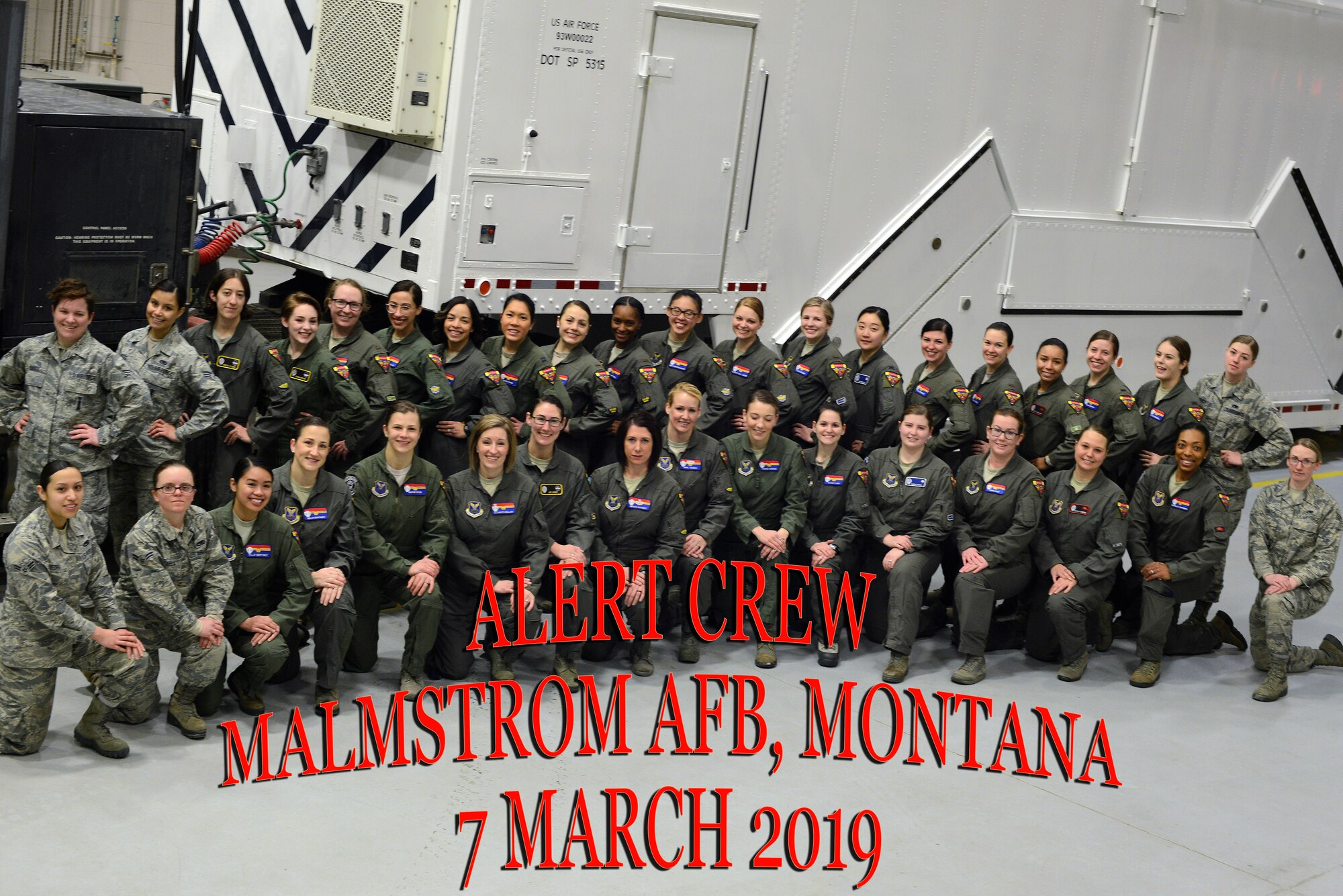 Members of the 2019 all-female alert crew pose for a group photo March 7, 2019, at Malmstrom Air Force Base, Mont.