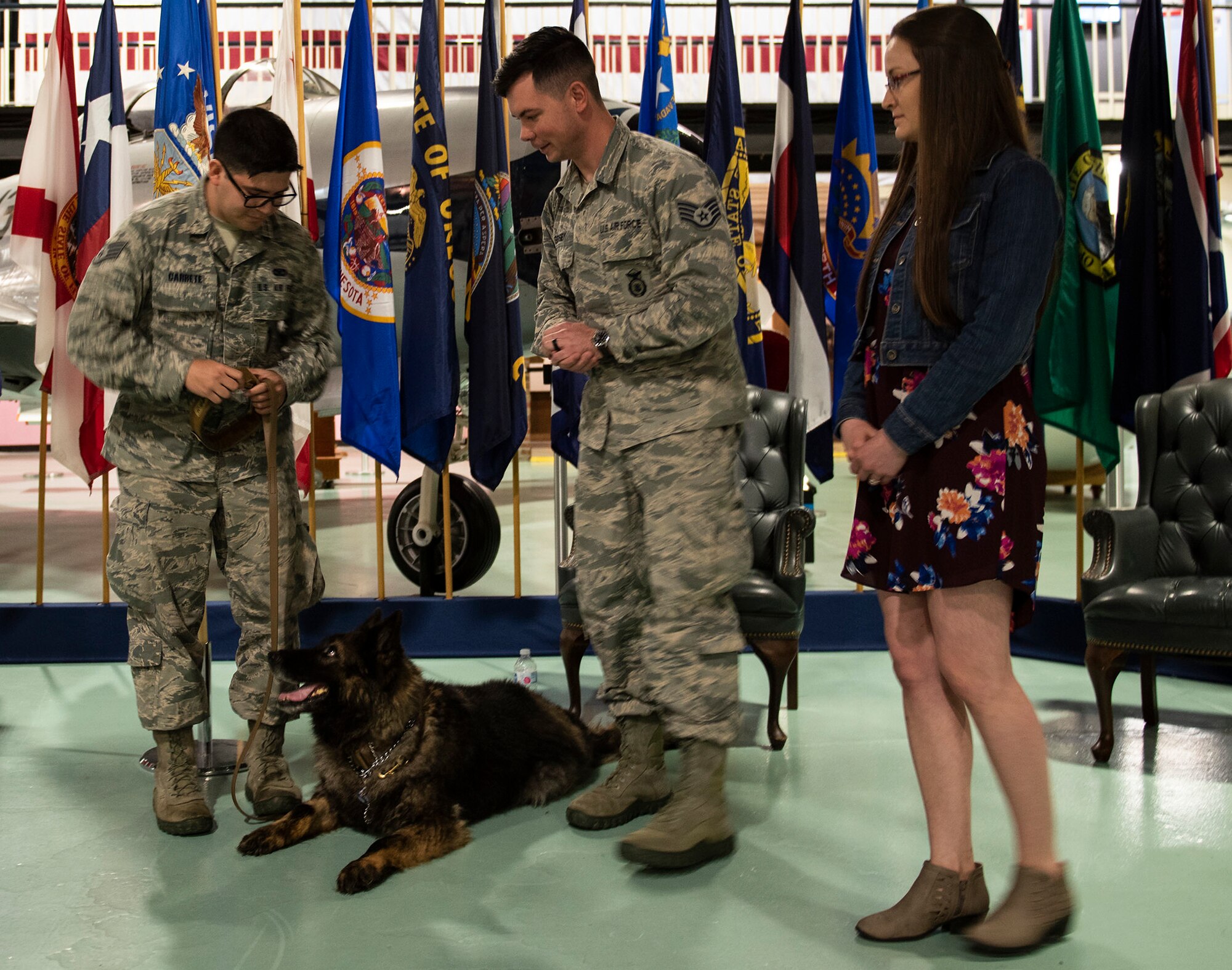 96th Security Forces Squadron holds a retirement ceremony to honor Military Working Dogs, Roy and Zuzu at the Air Force Armament Museum.