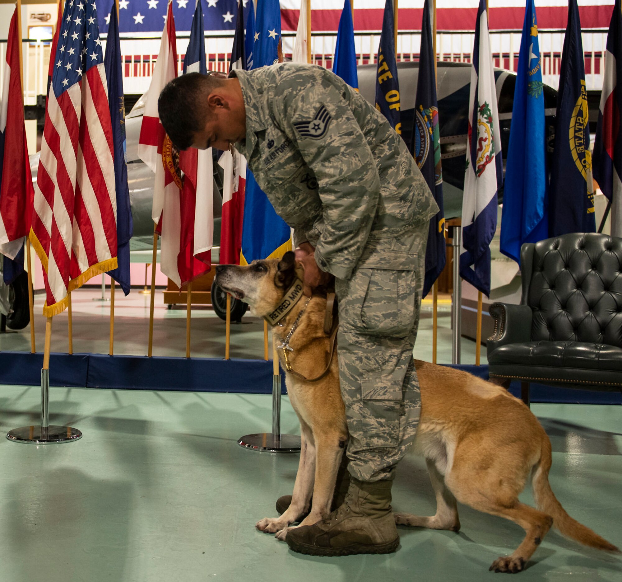 96th Security Forces Squadron holds a retirement ceremony to honor Military Working Dogs, Roy and Zuzu at the Air Force Armament Museum.