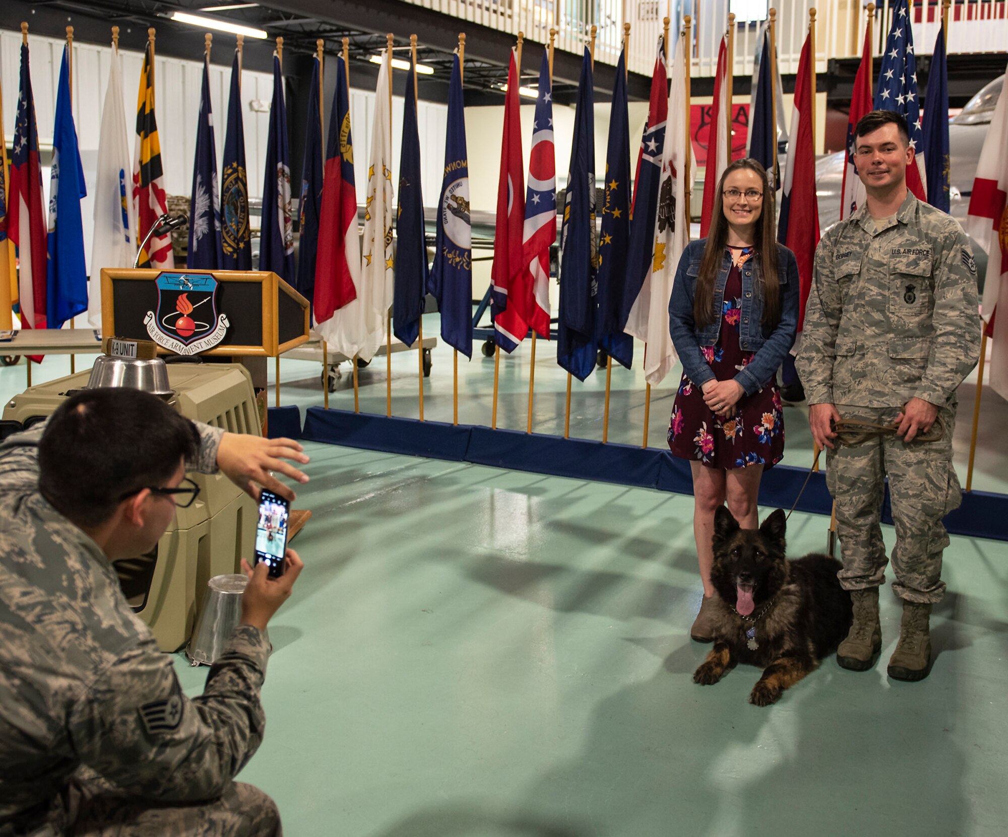 96th Security Forces Squadron holds a retirement ceremony to honor Military Working Dogs, Roy and Zuzu at the Air Force Armament Museum.