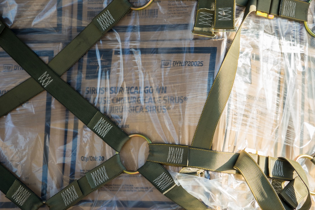 Humanitarian aid, including medical supplies, is loaded on a U.S. Air Force C-130J cargo aircraft for transport to Cúcuta, Colombia.