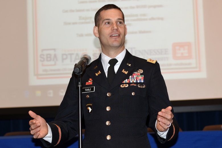 Maj. Justin Toole, U.S. Army Corps of Engineers Nashville District deputy commander, welcomes more than 400 participants to the 9th Annual Small Business Industry Day March 6, 2019 at Tennessee State University’s Avon Williams Campus in Nashville, Tenn. (USACE photo by Lee Roberts)