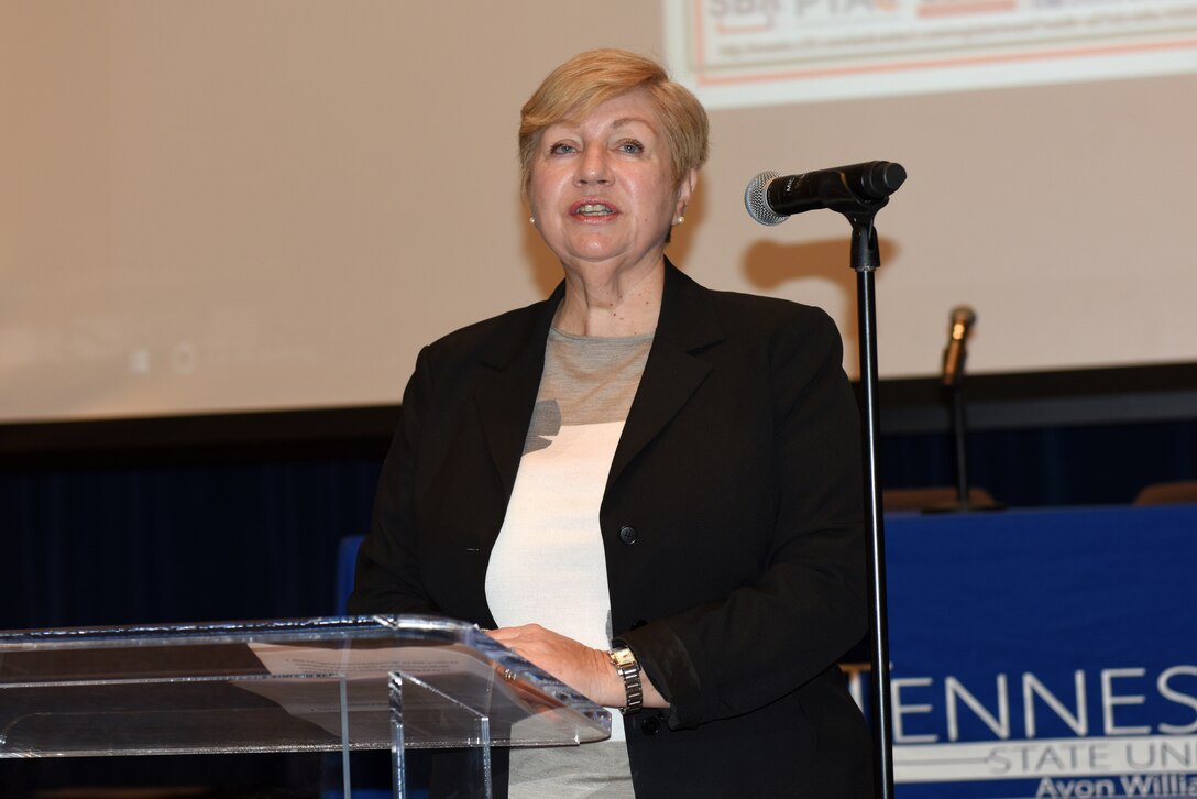 Ann Sullivan of the Madison Service Group gives the keynote address about the challenges women face in federal contracting, noting how the Women’s Small Business Program has underperformed. She spoke at the 9th Annual Small Business Industry Day March 6, 2019 at Tennessee State University’s Avon Williams Campus in Nashville, Tenn. (USACE photo by Lee Roberts)