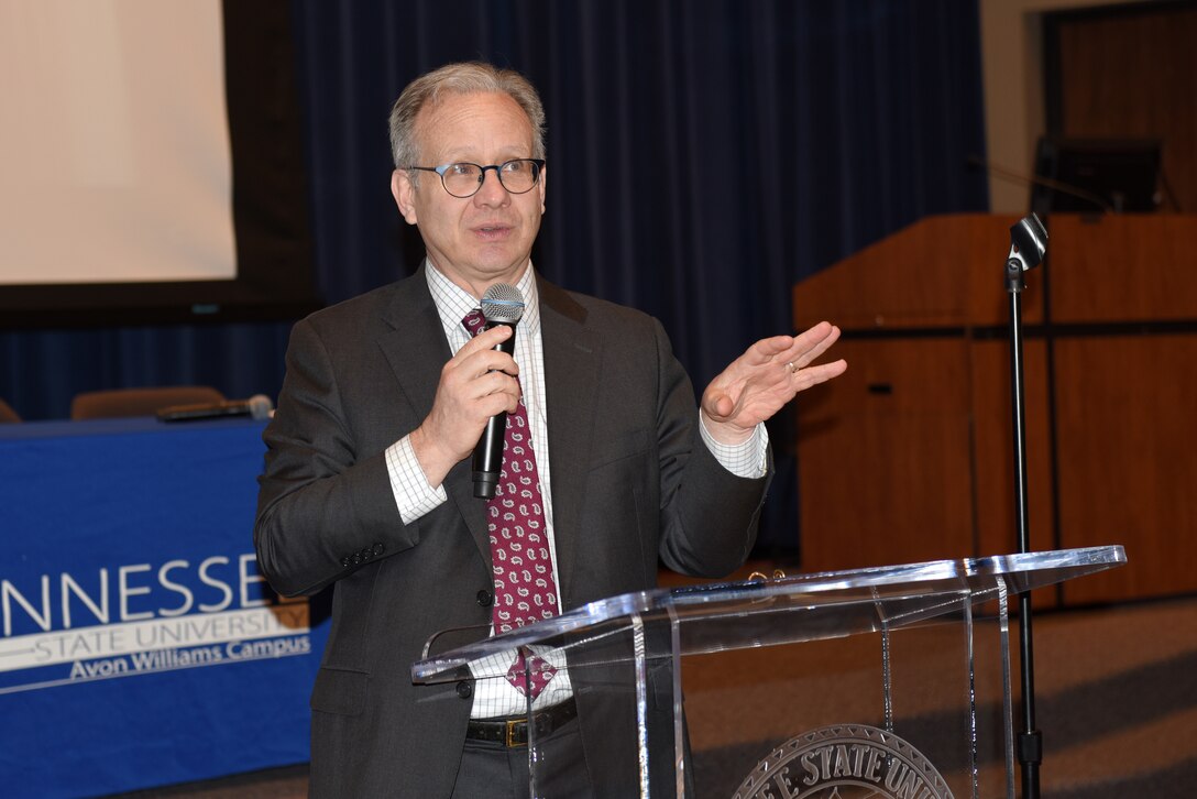 Nashville Mayor David Briley gives remarks about the city’s Equal Business Opportunity Program, which levels the playing field for women owned businesses, during the 9th Annual Small Business Industry Day March 6, 2019 at Tennessee State University’s Avon Williams Campus in Nashville, Tenn. (USACE photo by Lee Roberts)