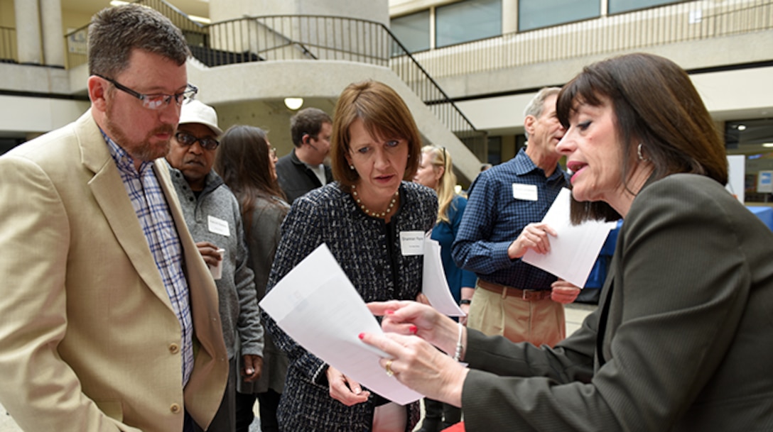 Susan Nicholson, U.S. Army Corps of Engineers Nashville District Small Business chief, provides contracting forecast information with participants of the 9th Annual Small Business Industry Day March 6, 2019 at Tennessee State University’s Avon Williams Campus in Nashville, Tenn. (USACE photo by Lee Roberts)