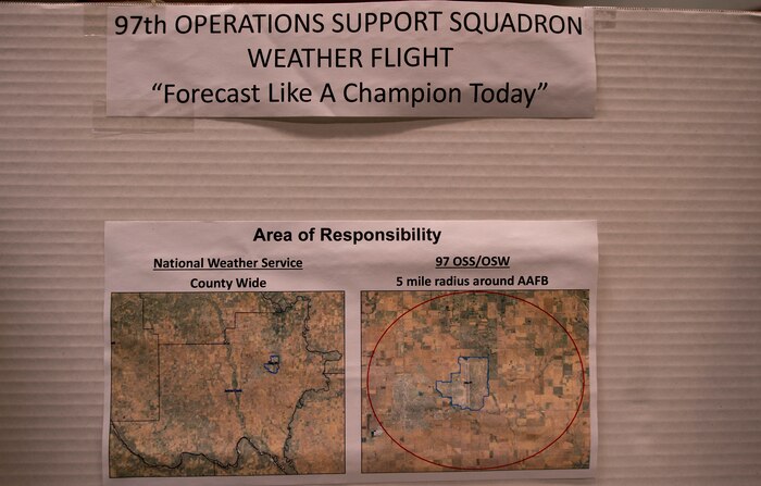 A display setup by the 97th Operation Support Squadron weather flight is set on a table during a severe weather preparation luncheon Mar. 5, 2019 at Altus Air Force Base, Okla