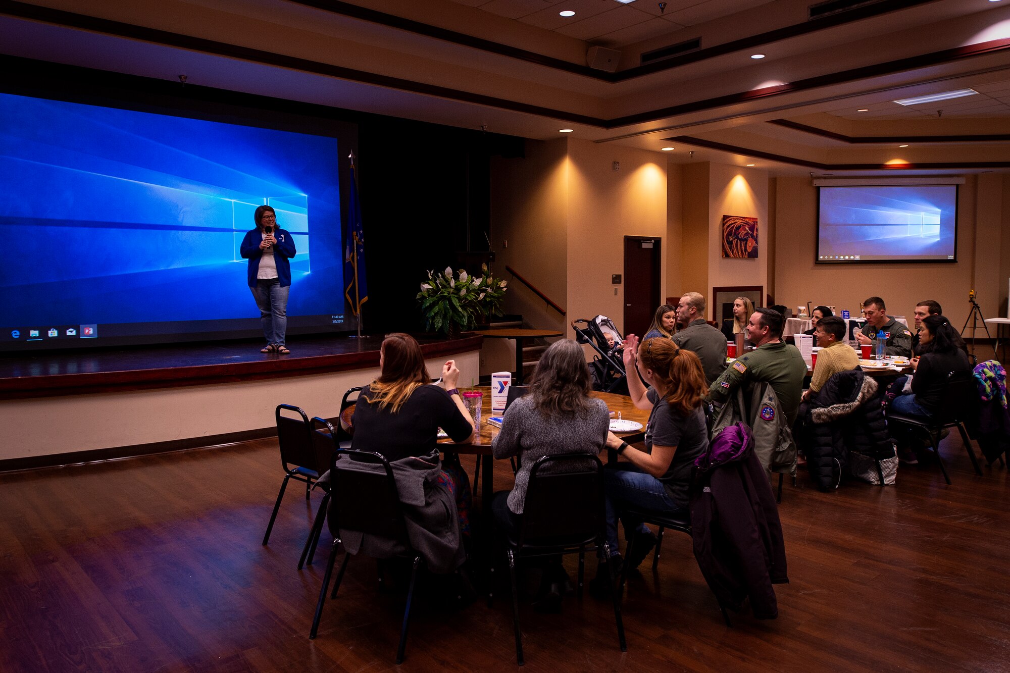 Loran Mayes, the executive director for the Altus Air Force Base Armed Services YMCA, welcomes guests to a severe weather preparation luncheon Mar. 5, 2019 at Altus AFB, Okla.