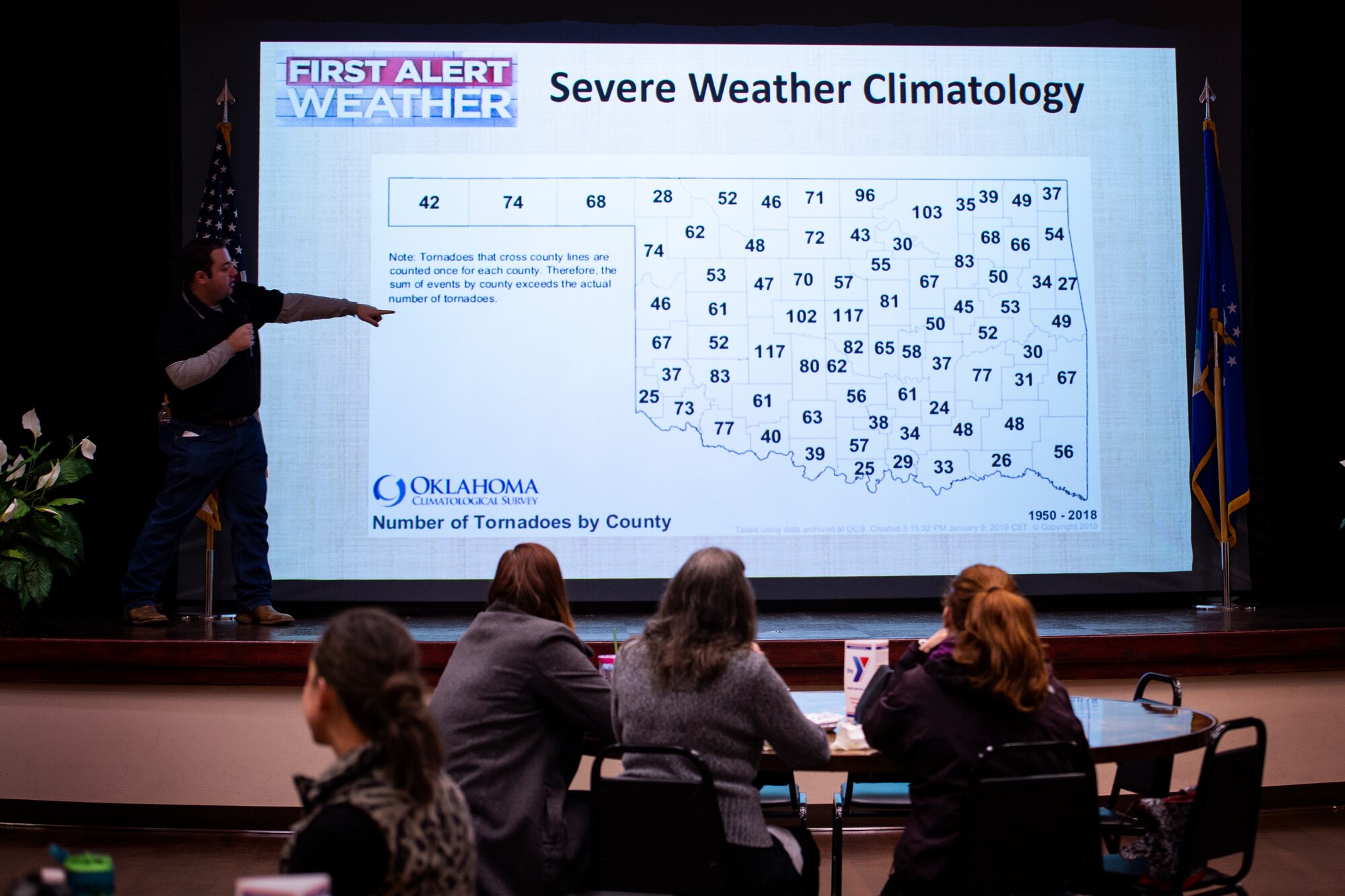 Matt DiPirro, a meteorologist at KSWO Channel 7 news, gives a severe weather preparation briefing Mar. 5, 2019 at Altus Air Force Base, Okla