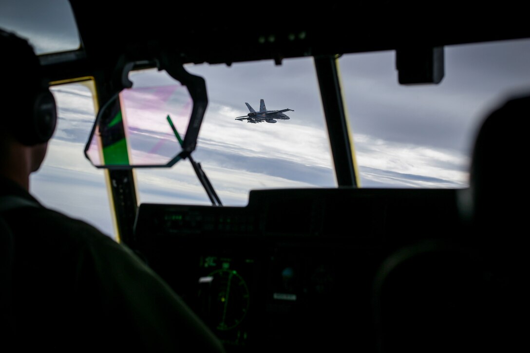 An F/A-18 Hornet with Marine Fighter Attack Squadron (VMFA) 323, MAG-11, 3rd Marine Aircraft Wing (MAW), carrying ten AIM-120 and two AIM-9X Air-to-Air missiles, prepares to refuel prior to a training mission over the W-291 training area in southern California, March 6.  MAG-11 supports and integrates aviation combat power and capabilities while enhancing 3rd MAW's ability generate lethality for the supported Marine Air-Ground Task Force (MAGTF).(U.S Marine Corps photo by Sgt. David Bickel)