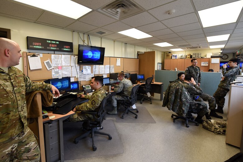 The U.S. Air Force and Republic of Korea Air Force coexist in the weather operations office at Kunsan Air Base, Republic of Korea, March 5, 2019. The team mutually benefits, sharing advanced technology and, a fundamental knowledge of local weather patterns. (U.S. Air Force photo by Staff Sgt. Joshua Edwards)