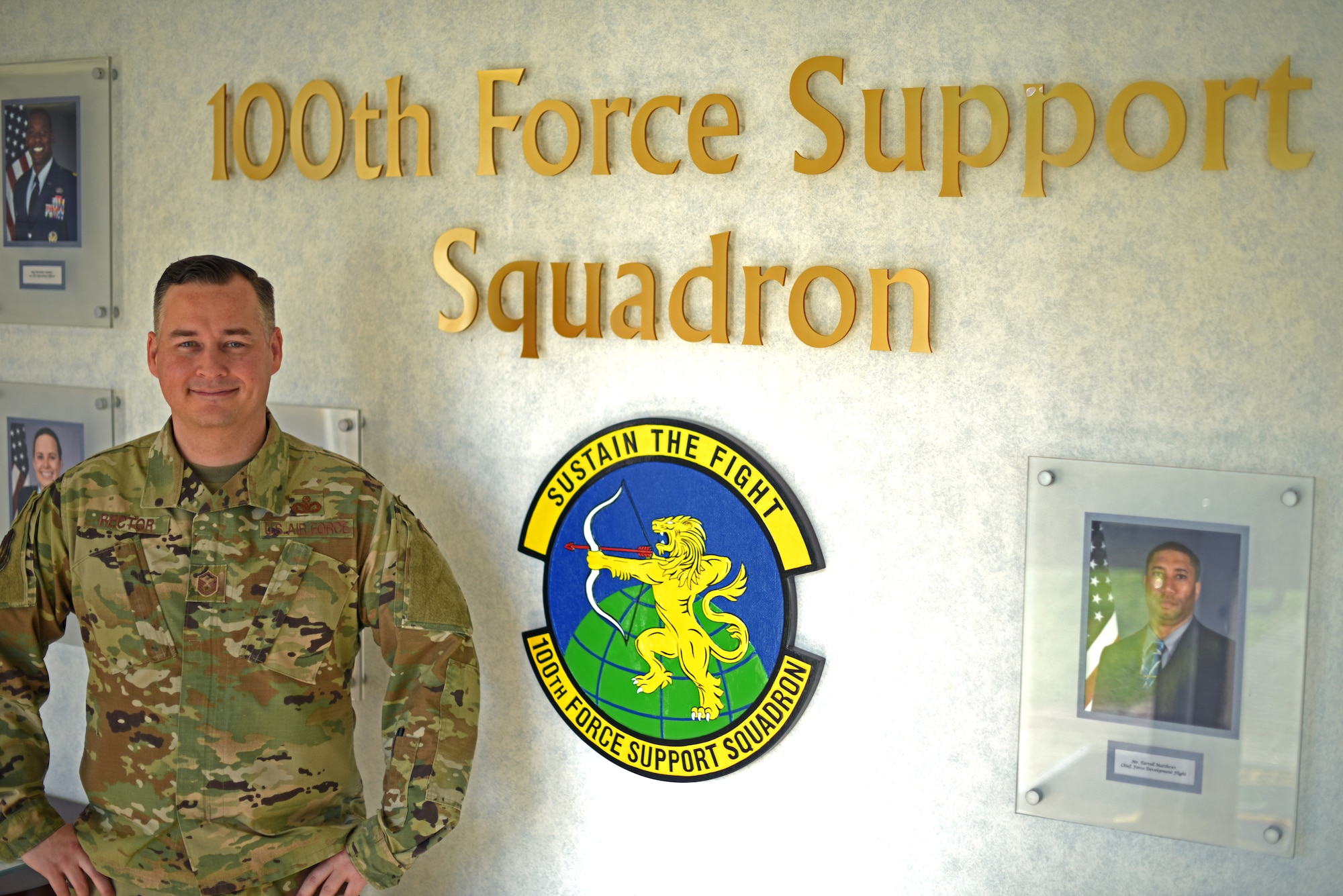 U.S. Air Force Master Sgt. Jeremy Rector, 100th Force Support Squadron first sergeant, poses for a photo at RAF Mildenhall, England, March 5, 2019. Rector recently joined Team Mildenhall after completing duties at Osan Air Base, South Korea as the 51st Operations Group first sergeant. (U.S. Air Force photo by Airman 1st Class Brandon Esau)